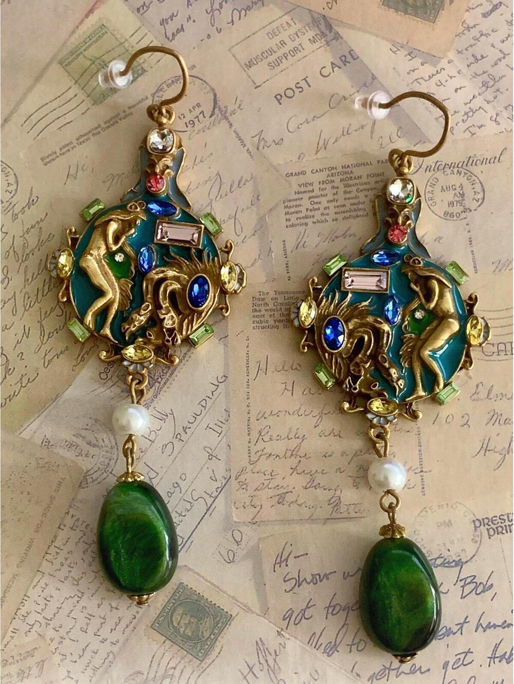 Mythological Sea Nymph Enamel Drop Earrings Green Teardrop Dangle